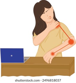 A cartoon drawing of a woman with neck pain radiating to her shoulders and arms due to excessive computer use, resulting in incorrect posture. Vector illustration.