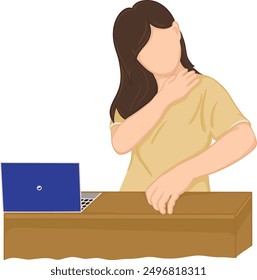 A cartoon drawing of a woman with neck pain radiating to her shoulders and arms due to excessive computer use, resulting in incorrect posture. Vector illustration.