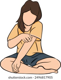 Cartoon drawing of a woman scratching her itchy skin. Vector illustration.