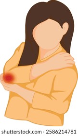 Cartoon drawing of woman suffering from elbow pain, hand holding elbow, injury, ill health, illness concept, vector illusration.