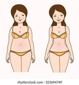 Cartoon drawing woman in underwear. Illustration weight loss before and after.