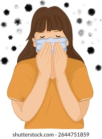 Cartoon drawing of a woman wearing a mask covering her mouth while inhaling PM2.5 smog, airborne pathogens, vector illustration.