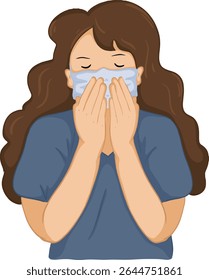 Cartoon drawing of a woman wearing a mask covering her mouth while inhaling PM2.5 smog, airborne pathogens, vector illustration.
