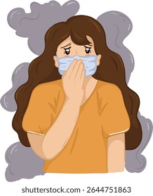 Cartoon drawing of a woman wearing a mask covering her mouth while inhaling PM2.5 smog, airborne pathogens, vector illustration.