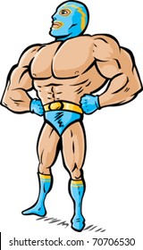 Cartoon drawing of a wrestler looking proud.