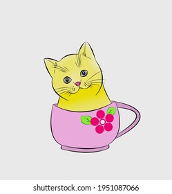 Cartoon drawing yellow cat in pink glass on white background.