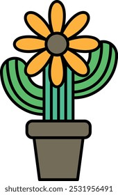 A cartoon drawing of a yellow flower in a pot. The flower is surrounded by green leaves and the pot is brown. The drawing has a cheerful and playful mood
