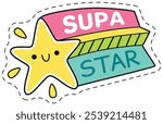 Cartoon drawing of a yellow star smiling with a colorful ribbon and lettering, ideal for children s designs. This vector illustration is perfect for projects related to childhood, happiness and fun