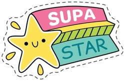 Cartoon drawing of a yellow star smiling with a colorful ribbon and lettering, ideal for children s designs. This vector illustration is perfect for projects related to childhood, happiness and fun