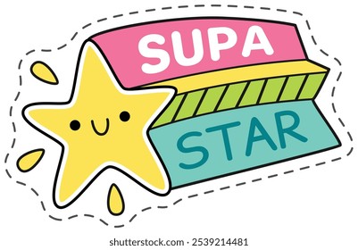 Cartoon drawing of a yellow star smiling with a colorful ribbon and lettering, ideal for children s designs. This vector illustration is perfect for projects related to childhood, happiness and fun