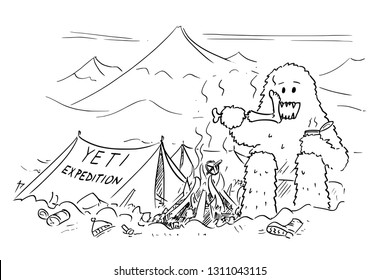 Cartoon drawing of Yeti enjoying devouring or eating alpinist or mountaineer in base camp of mountain climbing expedition looking for him.