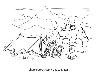 Cartoon drawing of Yeti enjoying devouring or eating alpinist or mountaineer in base camp of mountain climbing expedition.
