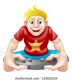 A cartoon drawing of a young gamer playing on his games console