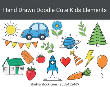 Cartoon drawings Illustrations include house,
car, rocket launching, planet, sun, flower, strawberry,
popsicle and carrot. flat vector illustration