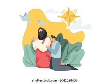 Cartoon drawings of Jesus with people in different ways. religious concept It is a vector image or illustration that can be used for design and media.