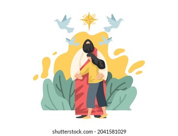 Cartoon drawings of Jesus with people in different ways. religious concept It is a vector image or illustration that can be used for design and media.