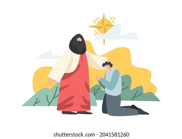 Cartoon drawings of Jesus with people in different ways. religious concept It is a vector image or illustration that can be used for design and media.
