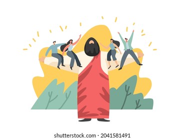 Cartoon drawings of Jesus with people in different ways. religious concept It is a vector image or illustration that can be used for design and media.