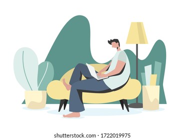 The cartoon drawings of men working at home are vector images or illustrations that can be used for various designs and media.