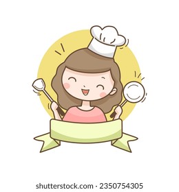 Cartoon drawings of women wearing a cooking hat and holding a frying pan and spatula.