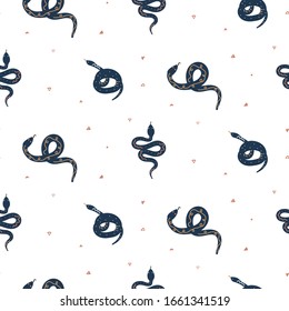 Cartoon drawn blue snakes vector seamless pattern. Handdrawn style magic jungle snake fabric print background.