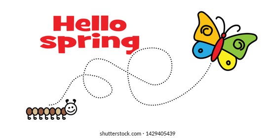 Cartoon drawn butterfly, butterflies and caterpillar. Cute fly flying. Hello summer time. Let the spring begin. Vector animal symbol or icon.