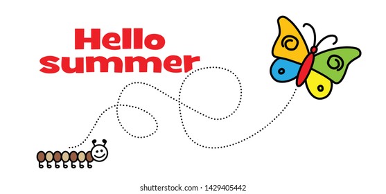 Cartoon drawn butterfly, butterflies and caterpillar. Cute fly flying. Hello summer time day. Let the spring begin. Vector animal symbol or icon.