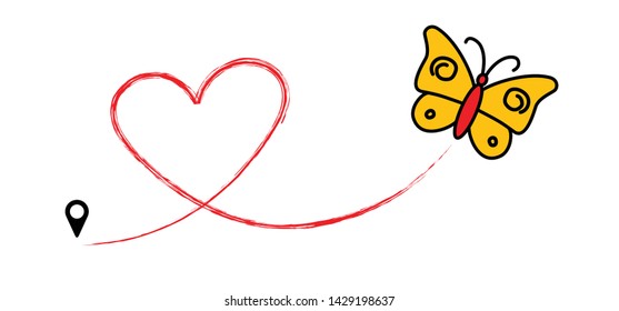 Cartoon Drawn Butterfly, Butterflies Cute Fly Flying. Hello Summer Time Day. Let The Spring Begin. Vector Animal Symbol Or Icon. Dotted Route, Track Map Pin  Location Pointer. Tracking Flight Route.