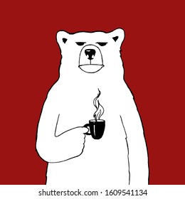 cartoon drawn character sleepy polar bear with a cup of hot coffee. A sketch illustrates an early morning breakfast. Drawing for cafe, postcard, poster, design, print on objects. graphics, vector