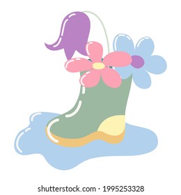 A cartoon drawn green boot with wildflowers inside stands in a blue puddle. Cartoon boot with flowers isolated on white background. For children's design, icons, prints