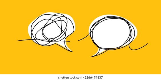 Cartoon drawn knot, chaotic or chaos and order brainstorming line pattern. Business loading concept. Think bubble, speech bubble. Talk or speak wave balloon. Empty communicate cloud. Coaching symbol