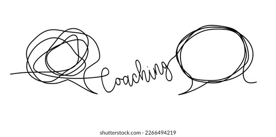 Cartoon drawn knot, chaotic or chaos and order brainstorming line pattern. Business loading concept. Think bubble, speech bubble. Talk or speak wave balloon. Empty communicate cloud. Coaching symbol