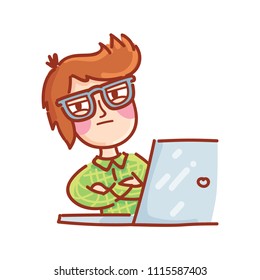 Cartoon drawn man with glasses on working on laptop computer: looking suspiciously, offended, funny. Hand drawn doodle illustration for web, stickers, emoji, emoticons