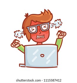 Cartoon drawn man with glasses on working on laptop computer: very angry, in rage, fury, with steam in ears. Hand drawn doodle illustration for web, stickers, emoji, emoticons