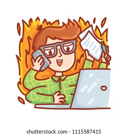 Cartoon drawn man and glasses working laptop computer  Working in harry and fire  deadline  talking the phone  Hand drawn doodle illustration for web  stickers  emoji  emoticons