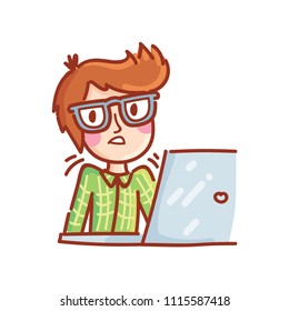 Cartoon drawn man with glasses on working on laptop computer: shrug, not sure, not know, in doubt. Hand drawn doodle illustration for web, stickers, emoji, emoticons