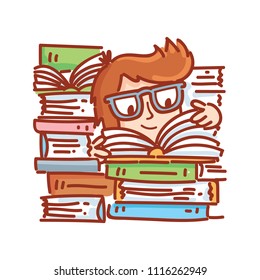 Cartoon drawn man with glasses on reading a book, hidden in the pile of books. Hand drawn doodle illustration for web, stickers, emoji, emoticons