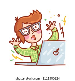 Cartoon drawn man with glasses working on laptop computer: upset, confused, broken, angry, messed up emotions. Hand drawn doodle illustration for web, stickers, emoji, emotions