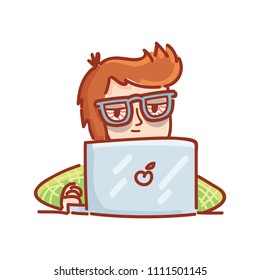 Cartoon drawn man with glasses working on laptop computer: very tired, exhausted, outworn, beat emotions. Hand drawn doodle illustration for web, stickers, emoji, emotions