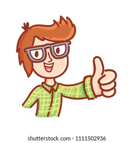Cartoon drawn man with glasses working on laptop computer: show thumbs up, like sign. Hand drawn doodle illustration for web, stickers, emoji, emoticons