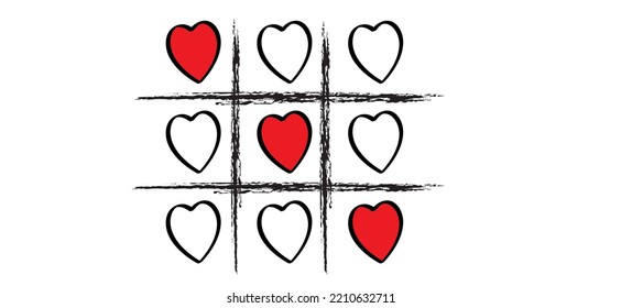 Cartoon drawning tic tac toe games withe hearts symbol.  For february 14, valentine, valentines day. XOXO (hugs and kisses) game