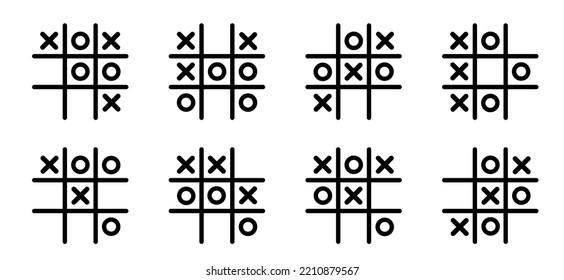 Cartoon drawning tic tac toe strategy games. Tick tack toe competition game for childeren. Noughts and crosses game, xs and os symbol or icon. cross shapes pattern. Board game