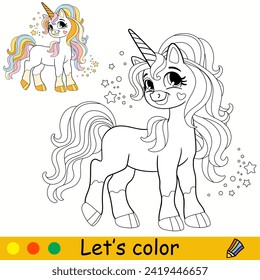 Cartoon dreaming magic unicorn. Kids coloring book page. Unicorn character. Black contour on a white. Vector isolated illustration with colorful template. For coloring, print, clothes design, stickers