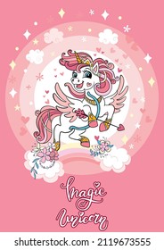 Cartoon dreaming unicorn with bow, hearts and lettering. Vector vertical illustration isolated on pink background. For sticker, design, decor, print and kids apparel