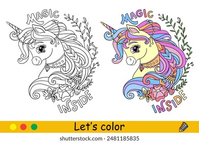 Cartoon dreaming unicorn with flowers and lettering. Kids coloring book page. Unicorn character. Black contour with color template. Vector illustration. For coloring, print, design, stickers