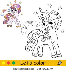 Dibujos animados soñando unicornio con arco iris. Página de libro para colorear para niños. Carácter unicornio. Contorno negro sobre fondo blanco con Plantilla de color. Ilustración vectorial. Para colorear, imprimir, diseñar, pegatinas