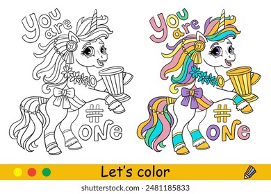 Cartoon dreaming unicorn winner with goblet and lettering. Kids coloring book page. Unicorn character. Black contour with color template. Vector illustration. For coloring, print, design, stickers