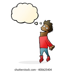 cartoon drenched man flying with thought bubble