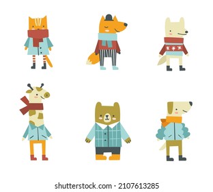 Cartoon dressed animals set. Doodle collections of stylized standing mammals in clothes. 