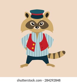 Cartoon dressed up raccoon boy. Vector illustration.